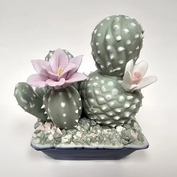 Lot of 2 Ceramic Cactus Figurines with Purple & Pink Flowers