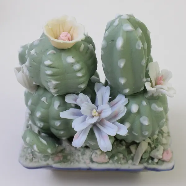 Lot of 2 Ceramic Cactus Figurines with Purple & Pink Flowers