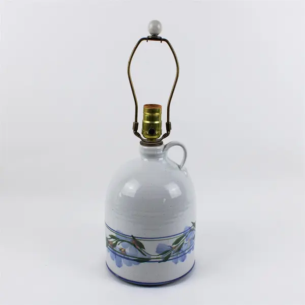 Pottery Jug Table Lamp Gray W/ Blue Flowers 
