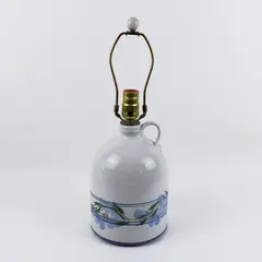 Pottery Jug Table Lamp Gray W/ Blue Flowers 