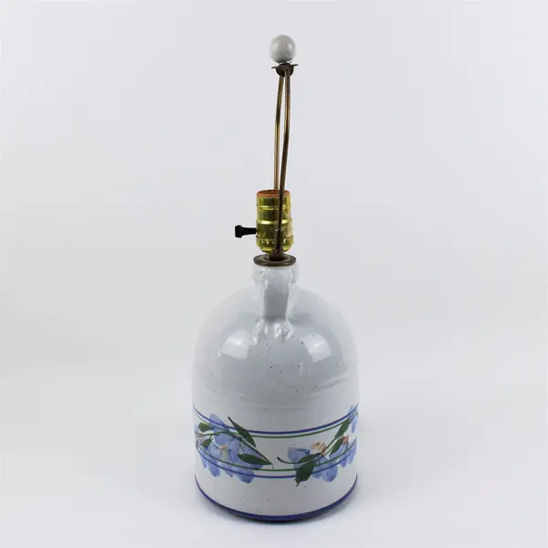 Pottery Jug Table Lamp Gray W/ Blue Flowers 
