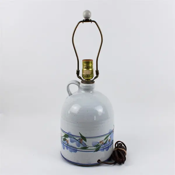 Pottery Jug Table Lamp Gray W/ Blue Flowers 
