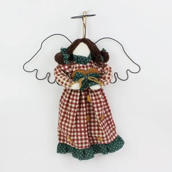 Fabric Angel Doll Burgundy Gingham Dark Green Wings Folk Art Decor