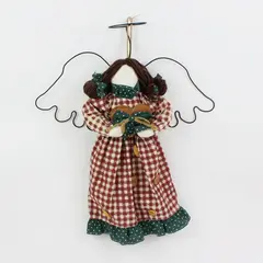 Fabric Angel Doll Burgundy Gingham Dark Green Wings Folk Art Decor