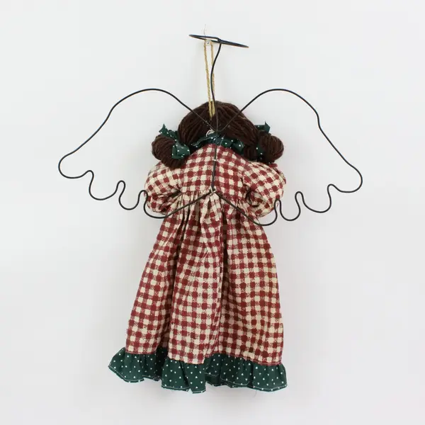 Fabric Angel Doll Burgundy Gingham Dark Green Wings Folk Art Decor