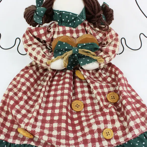 Fabric Angel Doll Burgundy Gingham Dark Green Wings Folk Art Decor