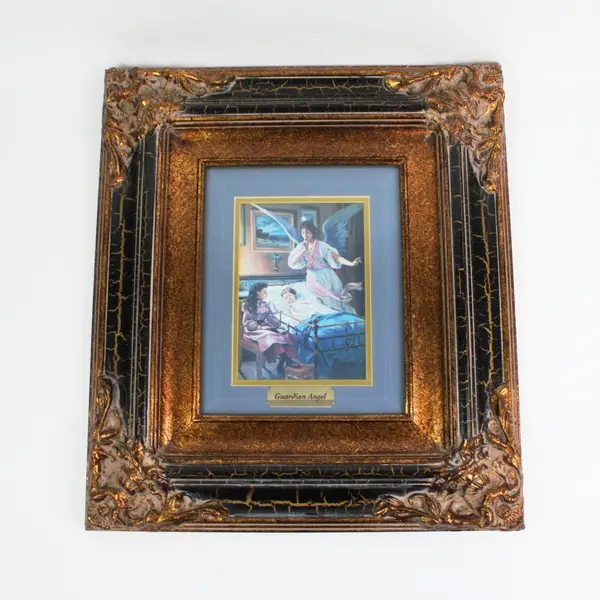 Guardian Angel Religious Framed Print Ornate Gold Black Frame Wall Decor