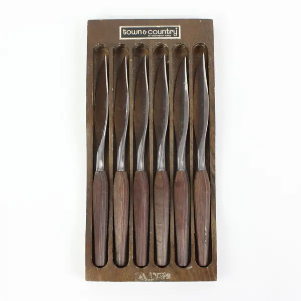 Vintage Town & Country Washington Forge 6pc Steak Knife Set Wood Caddy