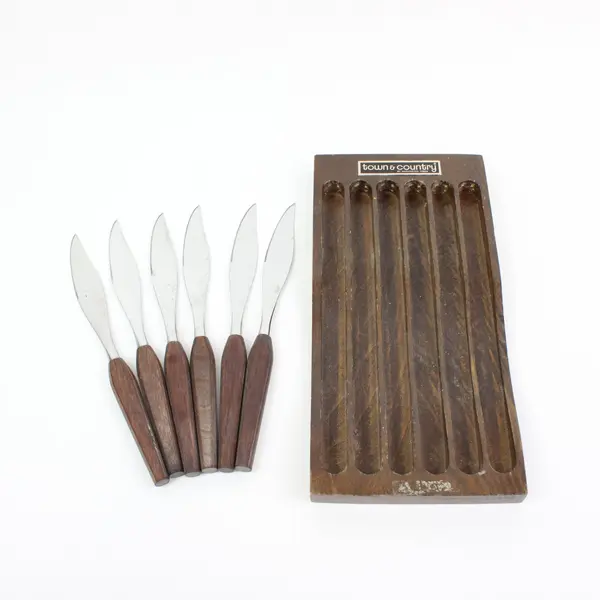 Vintage Town & Country Washington Forge 6pc Steak Knife Set Wood Caddy