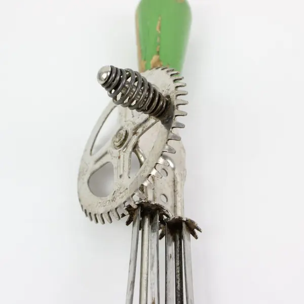 Vintage A&J EKCO Hand Egg Beater Mixer Green Wooden Ball Handle