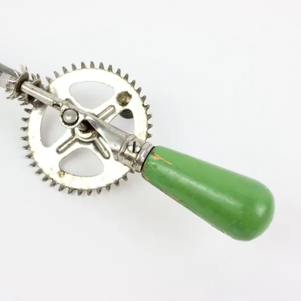 Vintage A&J EKCO Hand Egg Beater Mixer Green Wooden Ball Handle
