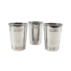 Set of 3 Aluminum Drinking Cups Silver Ridged Metalware
