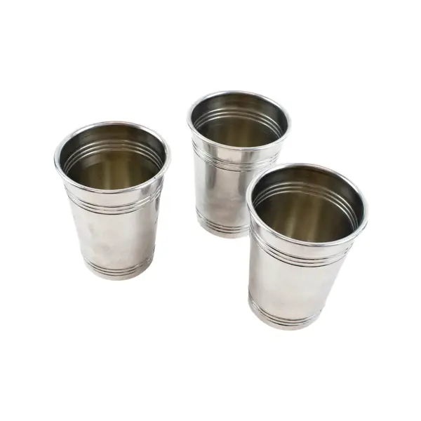 Set of 3 Aluminum Drinking Cups Silver Ridged Metalware