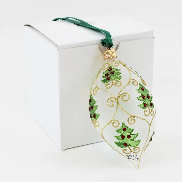 Christmas Cottage 2013 Glass Finial Ornament Green Trees Gold Scrollwork Box