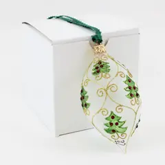 Christmas Cottage 2013 Glass Finial Ornament Green Trees Gold Scrollwork Box