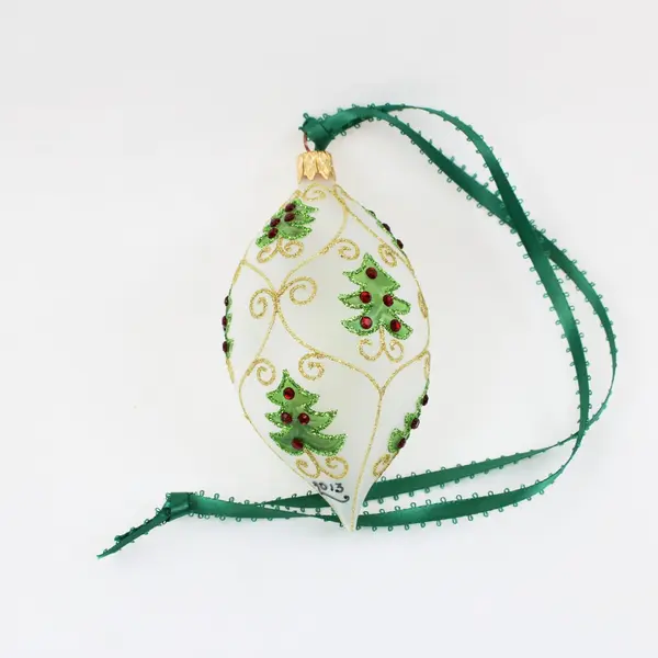 Christmas Cottage 2013 Glass Finial Ornament Green Trees Gold Scrollwork Box