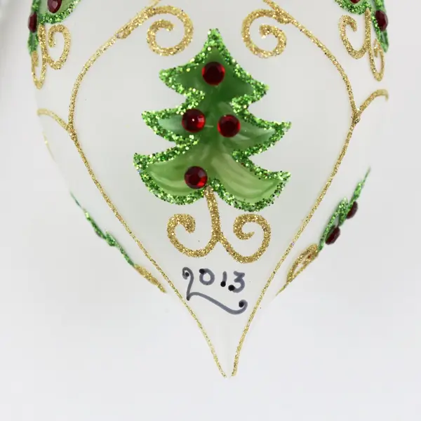 Christmas Cottage 2013 Glass Finial Ornament Green Trees Gold Scrollwork Box