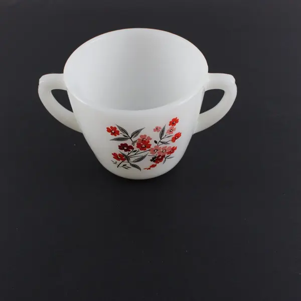 Double Handled Oven-Safe Fire King Cup in Flower Motif 