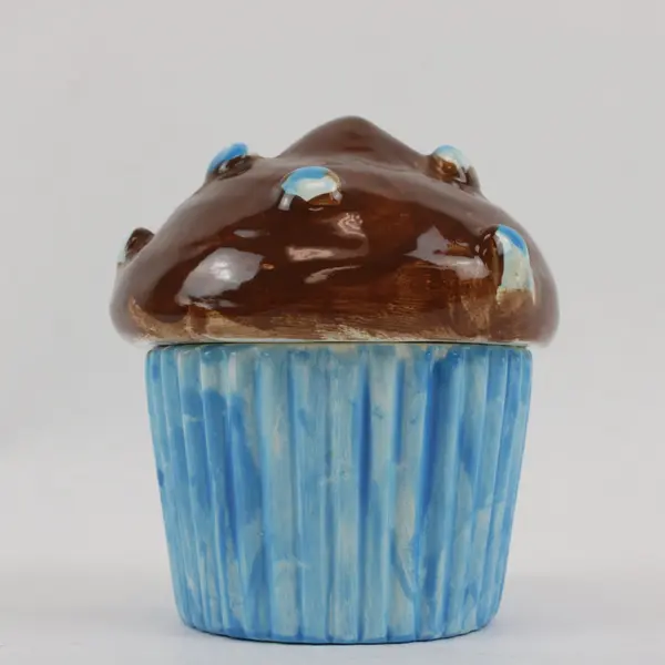Ceramic Chocolate Cupcake Figurine Blue Liner Decor 4.5"