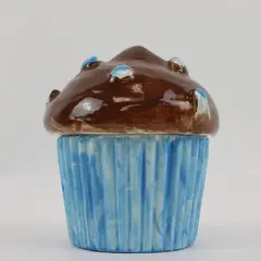 Ceramic Chocolate Cupcake Figurine Blue Liner Decor 4.5"