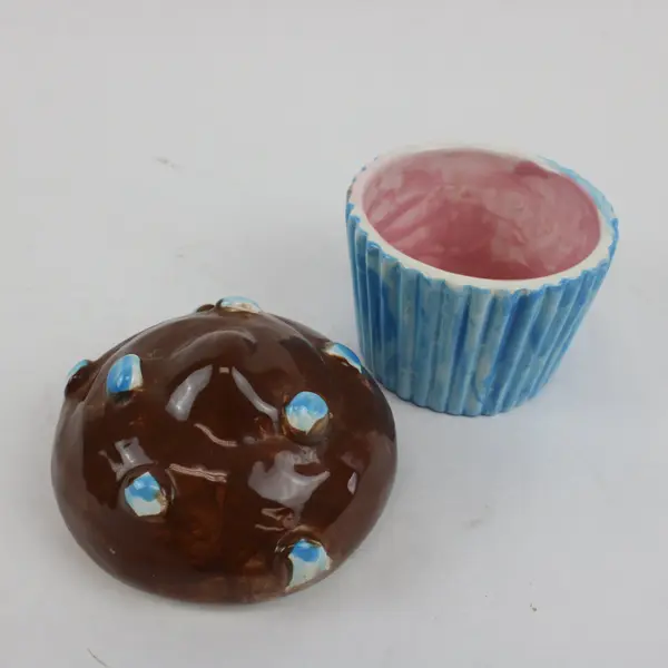 Ceramic Chocolate Cupcake Figurine Blue Liner Decor 4.5"