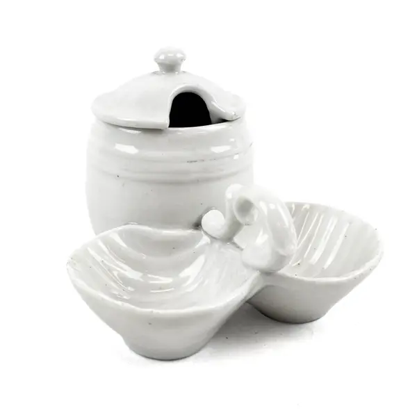 White Ceramic Jam Jar Condiment Dish Double-Lobed Saucer Handle