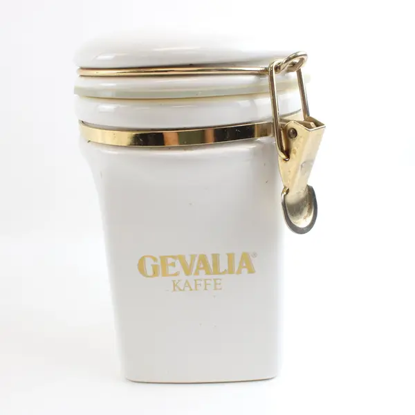Gevalia Kaffe Coffee Canister White Ceramic Airtight Hinged Lid Jar