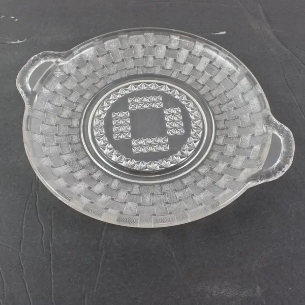 Vintage Clear Pressed Glass Basketweave Serving Platter Double Handles