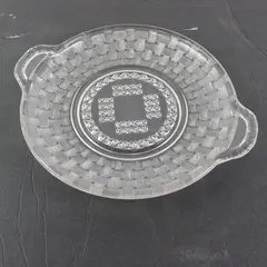 Vintage Clear Pressed Glass Basketweave Serving Platter Double Handles