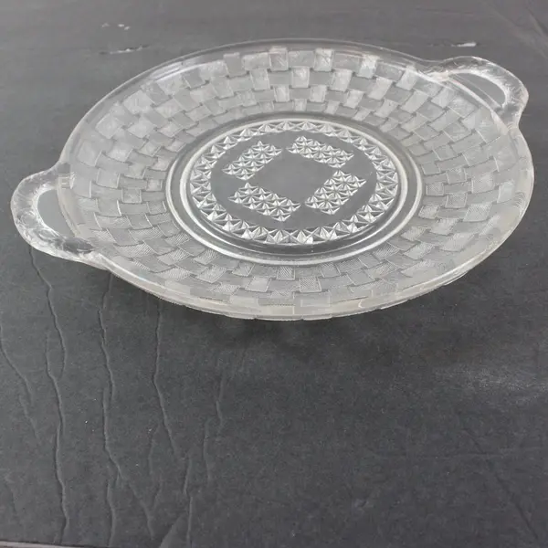 Vintage Clear Pressed Glass Basketweave Serving Platter Double Handles