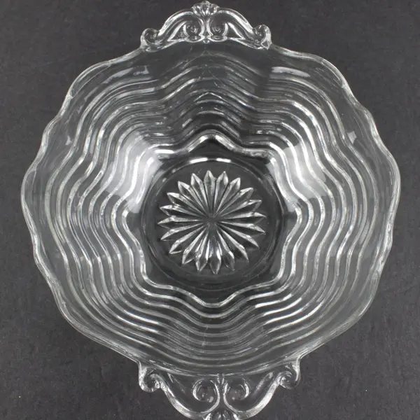 Set of 2 Clear Pressed Glass Wavy Edge Serving Bowls Starburst Base
