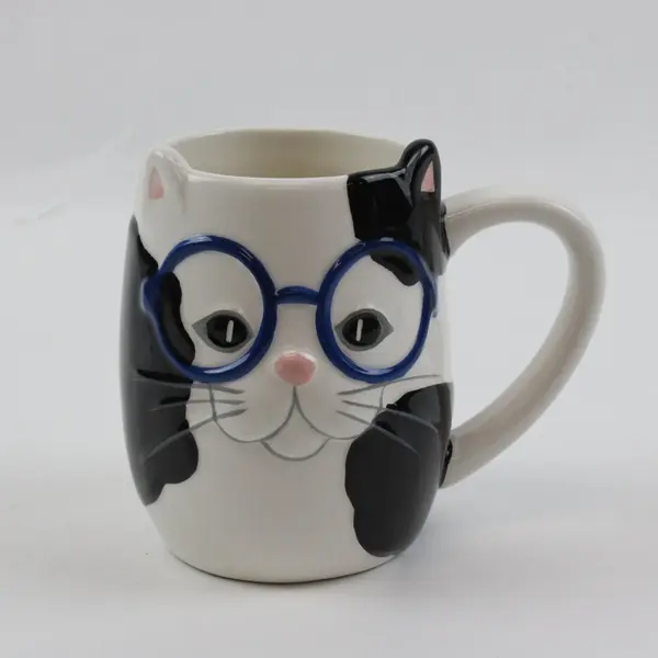 TAG Cat Kitten Mug Black White Blue Glasses Sculpted Ceramic