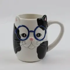 TAG Cat Kitten Mug Black White Blue Glasses Sculpted Ceramic