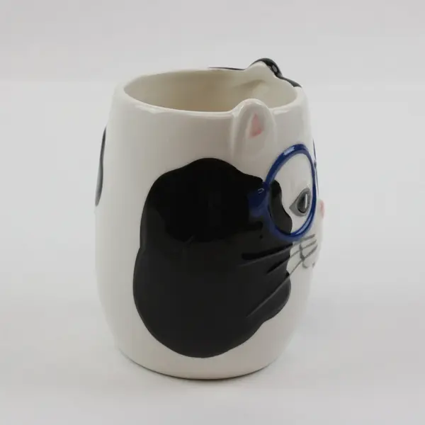 TAG Cat Kitten Mug Black White Blue Glasses Sculpted Ceramic