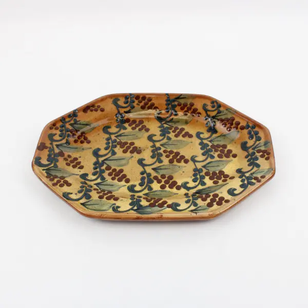 Terraghia Corsica Hand-Painted Terracotta Platter Serving Tray Tan Glaze Blue