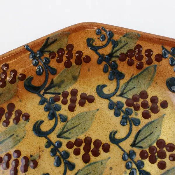 Terraghia Corsica Hand-Painted Terracotta Platter Serving Tray Tan Glaze Blue