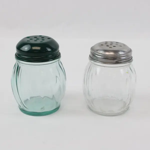 Lot of 2 Ribbed Glass Seasoning Shakers Parmesan Red Pepper