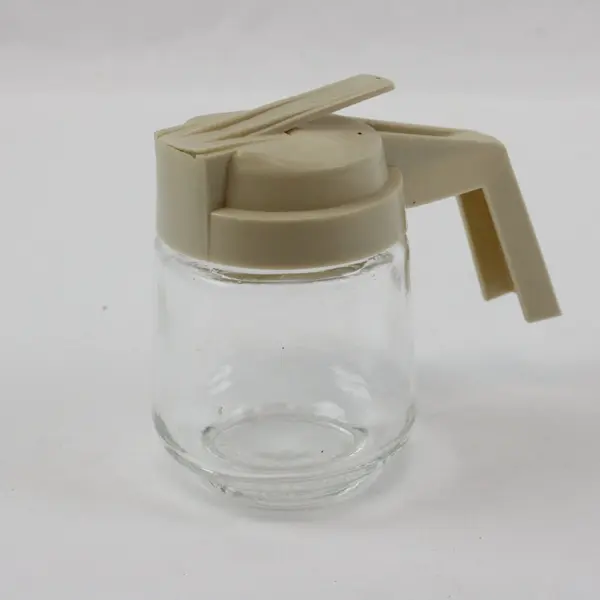 Glass Syrup Honey Dispenser Off-White Plastic Lid Thumb Lever