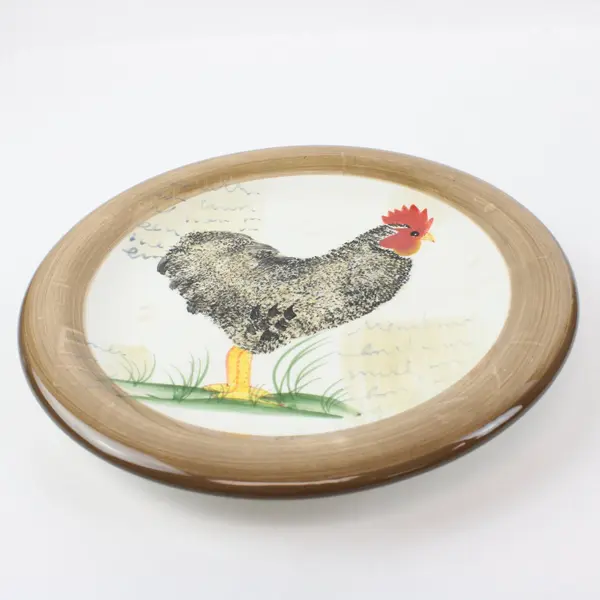 Decorative Ceramic Rooster Plate Black White Brown Rim 10.5 Inch