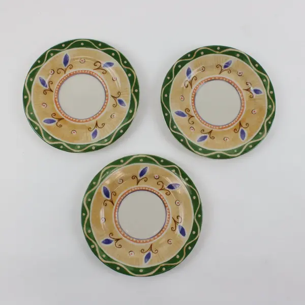 PTS International Interiors Salerno Stoneware Dessert Plates 3 Yellow Green Rim