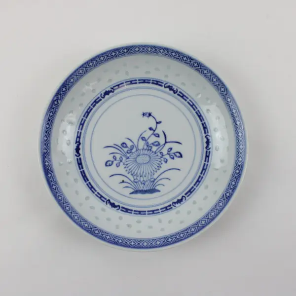 Vintage Blue White Porcelain Rice Grain Plate Hand Painted Floral Center
