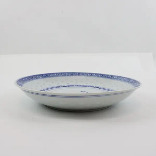 Vintage Blue White Porcelain Rice Grain Plate Hand Painted Floral Center