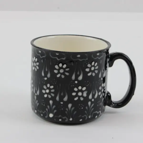 Hand-Painted Ceramic Coffee Mug Black White Embossed Floral Pattern