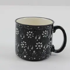 Hand-Painted Ceramic Coffee Mug Black White Embossed Floral Pattern