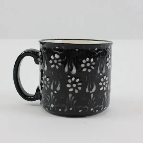 Hand-Painted Ceramic Coffee Mug Black White Embossed Floral Pattern