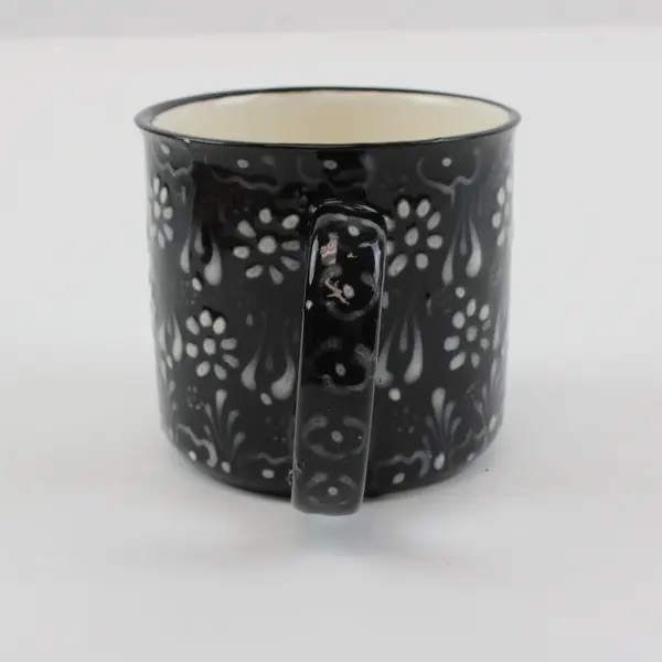 Hand-Painted Ceramic Coffee Mug Black White Embossed Floral Pattern