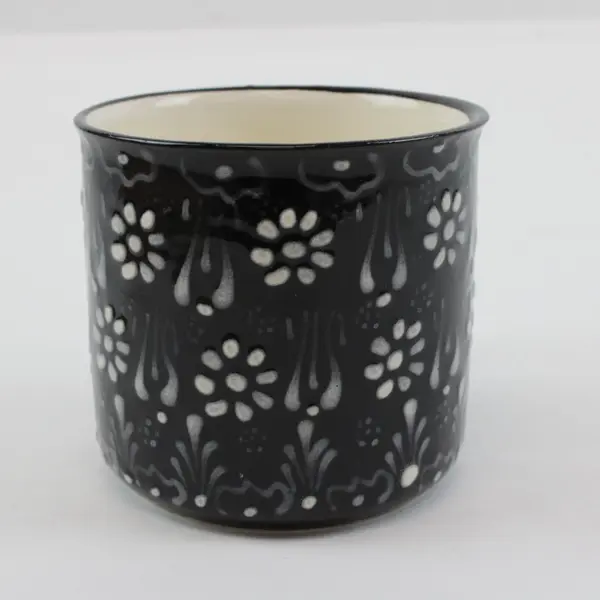 Hand-Painted Ceramic Coffee Mug Black White Embossed Floral Pattern