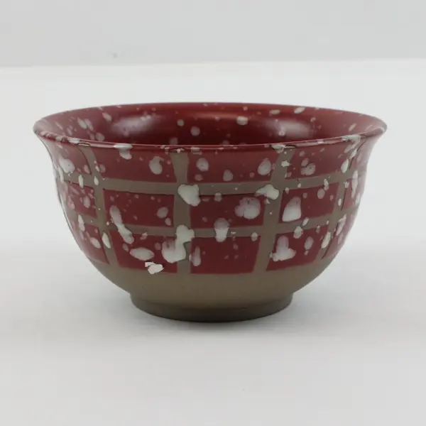 Small Red Ceramic Bowl White Speckled Blossom Geometric Grid Pattern