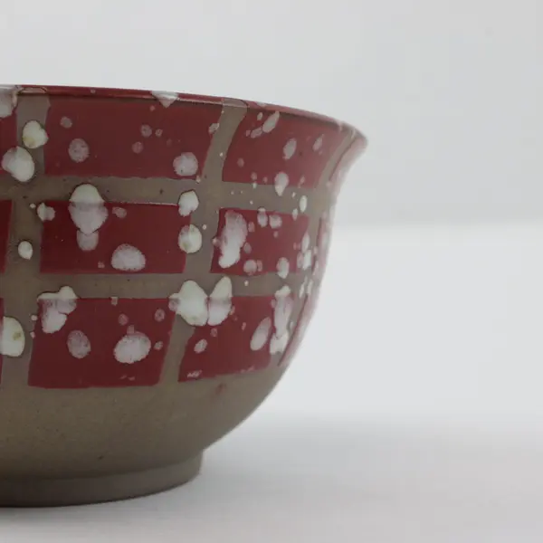 Small Red Ceramic Bowl White Speckled Blossom Geometric Grid Pattern