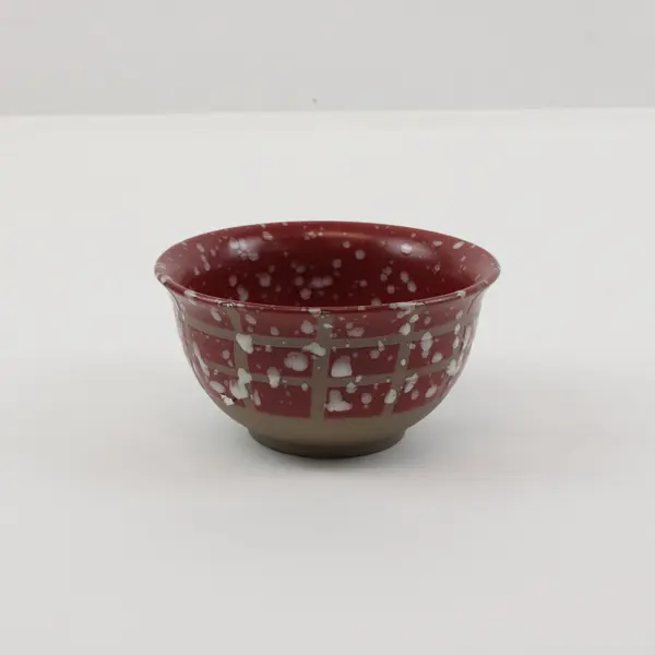 Small Red Ceramic Bowl White Speckled Blossom Geometric Grid Pattern
